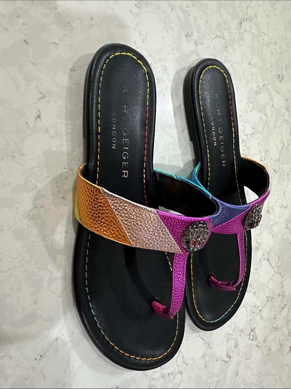 Kurt Geiger Kensington Metallic Rainbow Leather Logo Ornament T-Bar Sandals - Picture 2 of 6